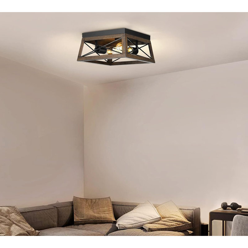 Brown Barnwood 2-Light Caged Flush Mount Ceiling Fixture