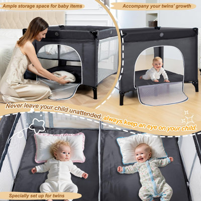 Twin Bassinet - Foldable Double Bassinet For Twins With Hanging Toys & Storage Basket, Portable Bedside Sleeper Pack And Play With Carry Bag Grey