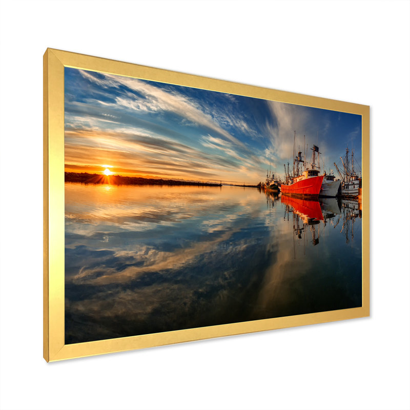 Coucher de soleil sur la rivière Sunset, 16" H x 32" W x 1" D, Impression dorée sur toile encadrée