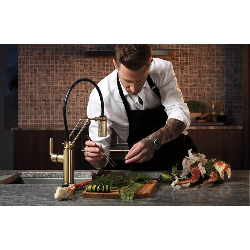 Litze® Articulating Faucet with Industrial Handle, Matte Black/Luxe Gold