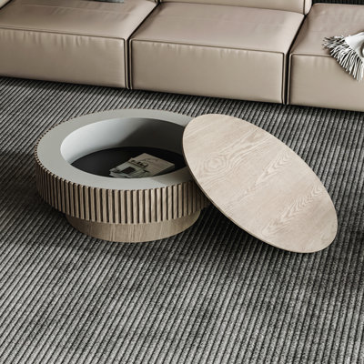 Table basse 31,5 "ronde avec rangement Table d'appoint moderne en placage de bois massif pour salon, chambre à coucher, appartement ou bureau, gris