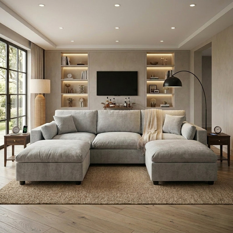 Canapé d'angle modulaire de 215 cm avec 2 poufs amovibles, canapé nuage en forme de U recouvert de chenille avec poches de rangement latérales