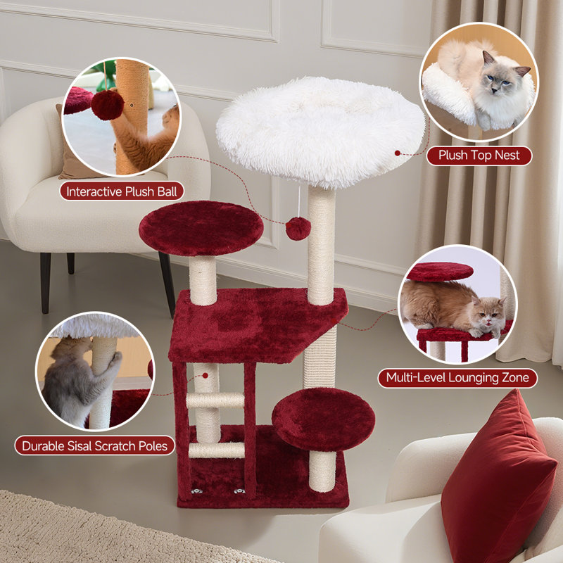 Cat Tree, 37.4-Inch Cat Tower with Plush Cozy Perch for Indoor Cats, Sturdy Tower with Fully Sisal-Wrapped Columns and Plush Toy Ball for Kitty Play, Red