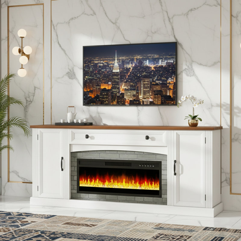 Electric Fireplace TV Stand With Mantel And Cable Management And Adjustable Shelves, Blanc