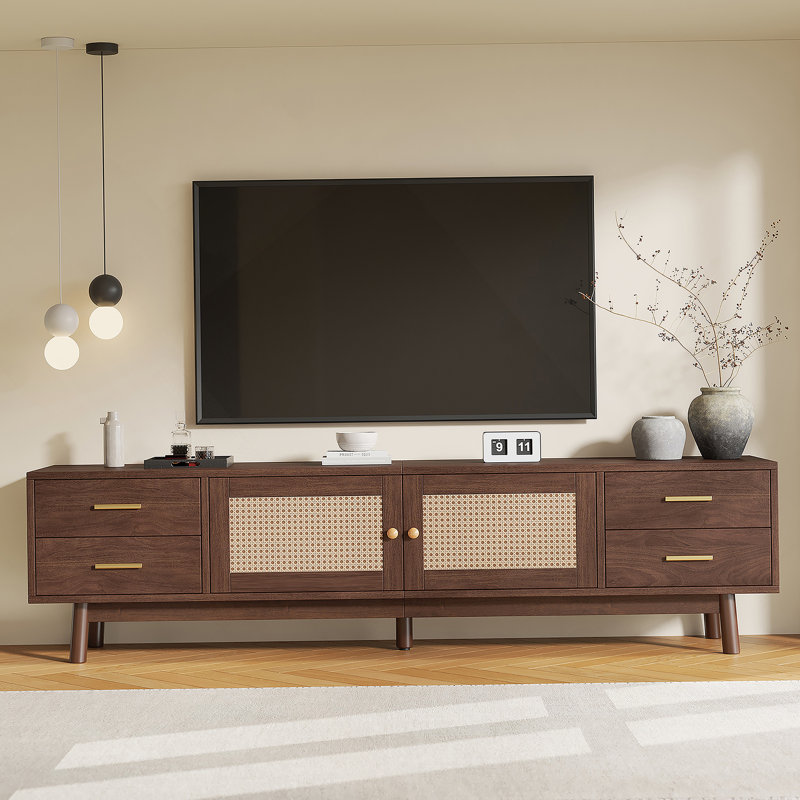 Meuble télé moderne avec portes en rotin pour téléviseur de 80 po ou moins, console multimédia avec tiroirs de rangement et trous de câbles pour le salon