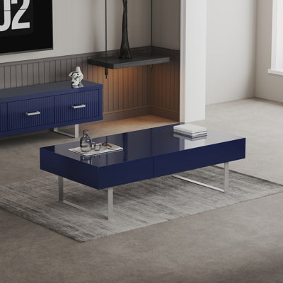 52.4"L Modern High Gloss Coffee Table – Hidden Storage Drawers, Stainless Steel Legs by Ivy Bronx