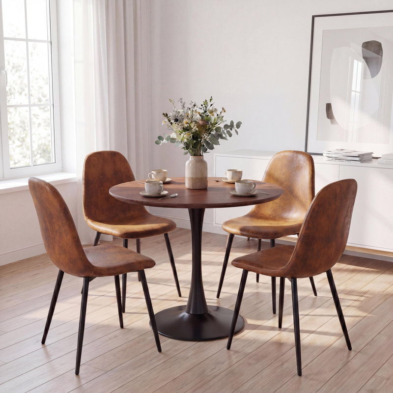 5-Piece Mid-Century Dining Set, Distressed Brown Chairs & Round Pedestal Table