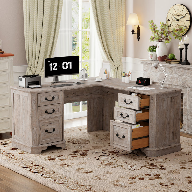 59" L-Shaped Home Office Desk With File Drawer & Built-In Charging Station, Light Rustic Oak