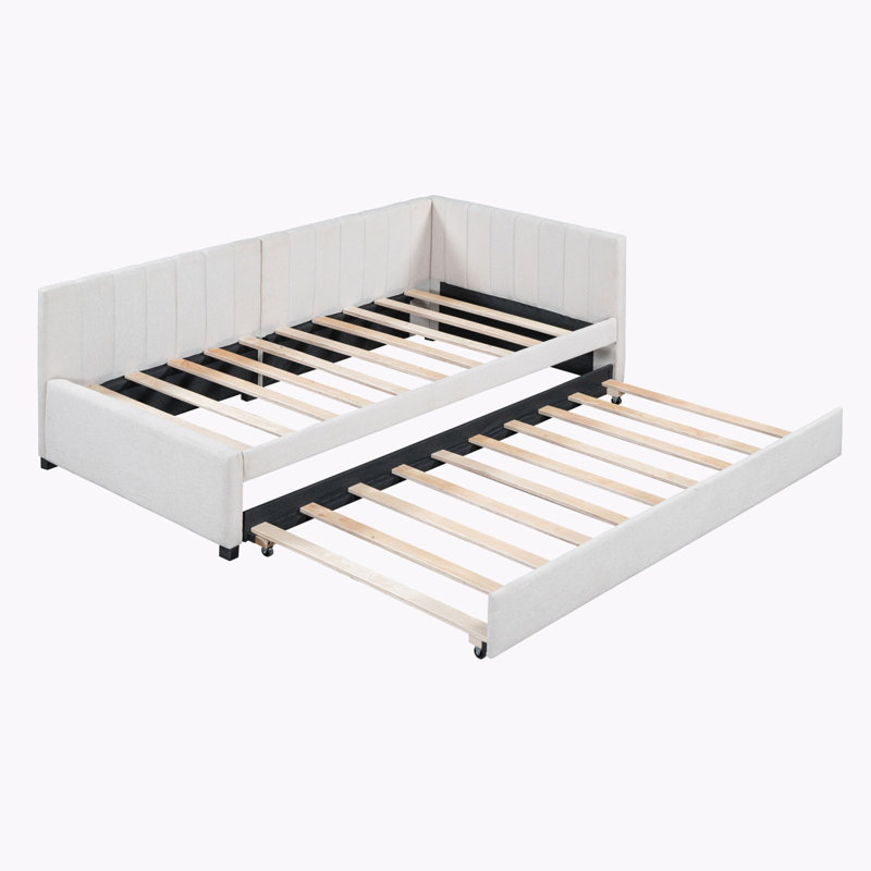Upholstered Corner Daybed with Trundle, Beige, Twin