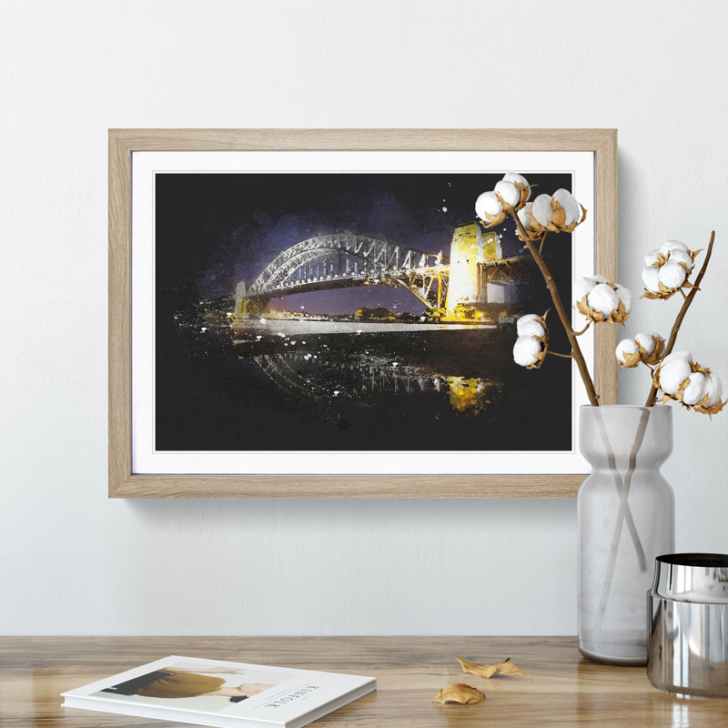 Sydney Harbour Bridge Australia - Picture Frame Graphic Art Print, 33cm H x 45cm W x 2cm D, Oak Framed