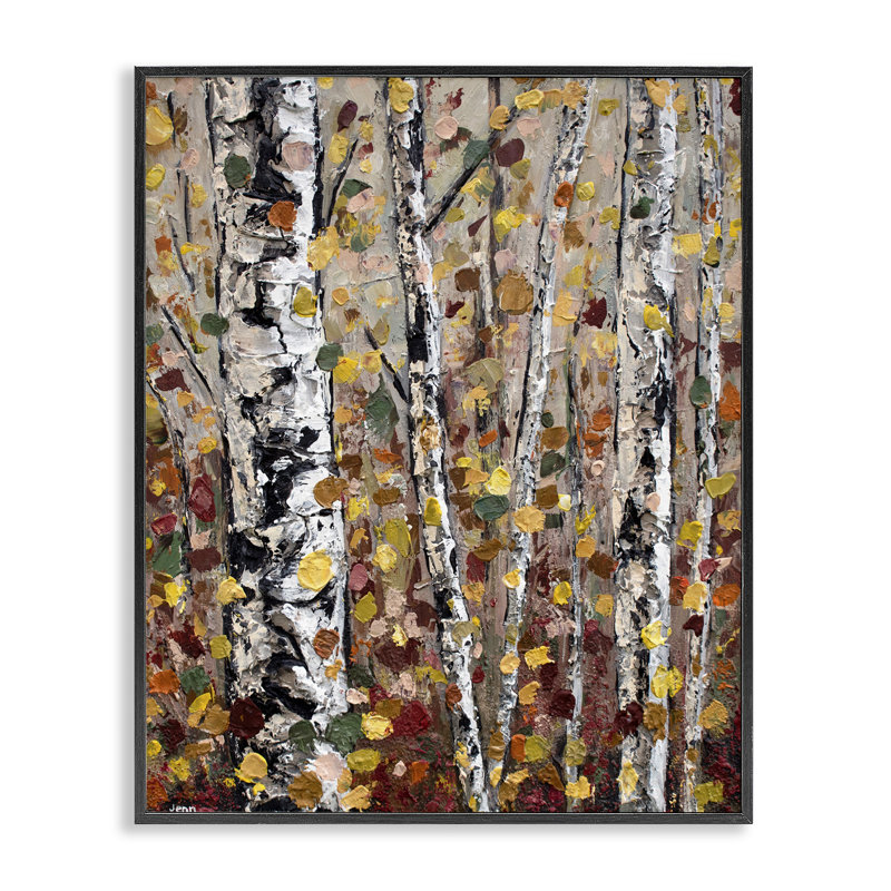 «Autumn Birch Trees», feuilles abstraites encadrées sur bois par Jen Seeley, peinture, Giclée encadrée noir minuit