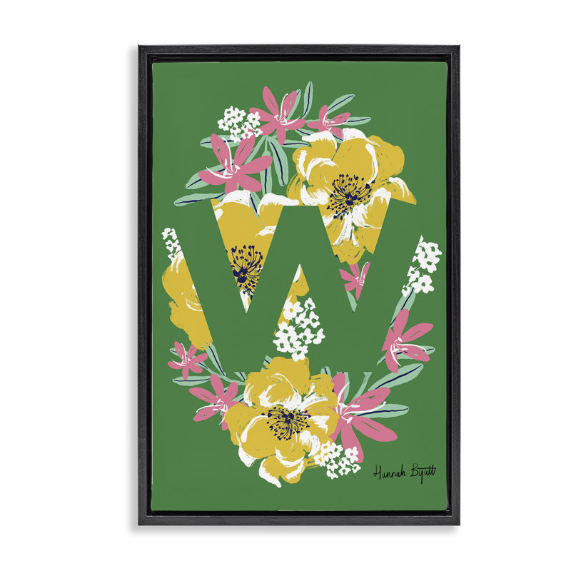 Floral Bloom Letter W Grey Framed Floater Canvas by Hannah Louise Byatt, 25" H x 17" W, Jet Black Floater Frame