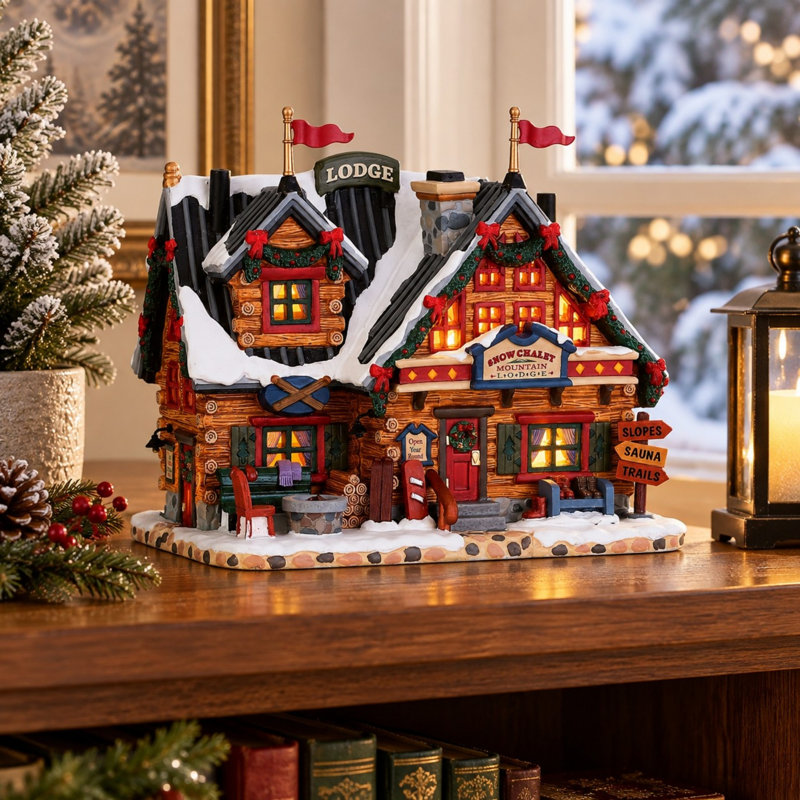 Chalet de ski illuminé en porcelaine pour village de Noël, alimenté par piles ou adaptateur secteur.