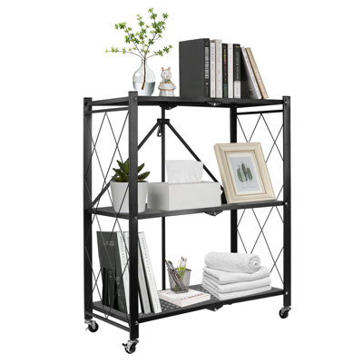 3-Tier Foldable Metal Shelving Unit with Wheels