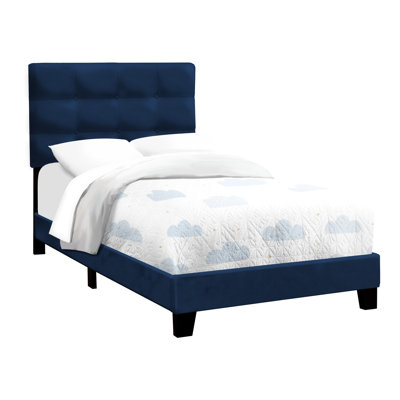 Blue Velvet Twin Bed, Transitional Style For Youth Bedroom Interiors Bed With Upholstered Frame
