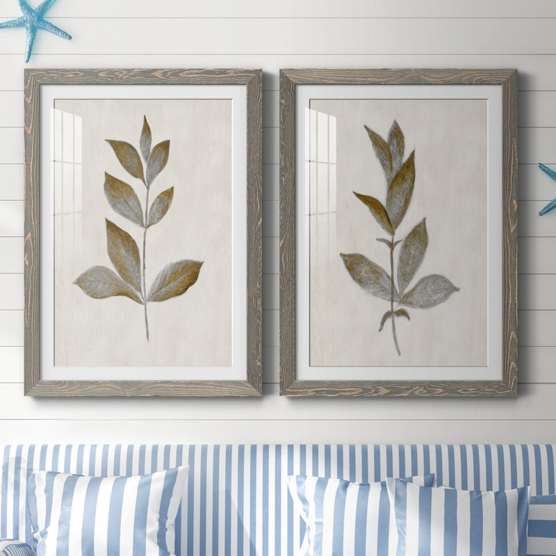 Bronze Leaf I - ensemble de 2 reproductions, Impression encadrée avec passe-partout, H 31,5 po x l 47 po, Gris