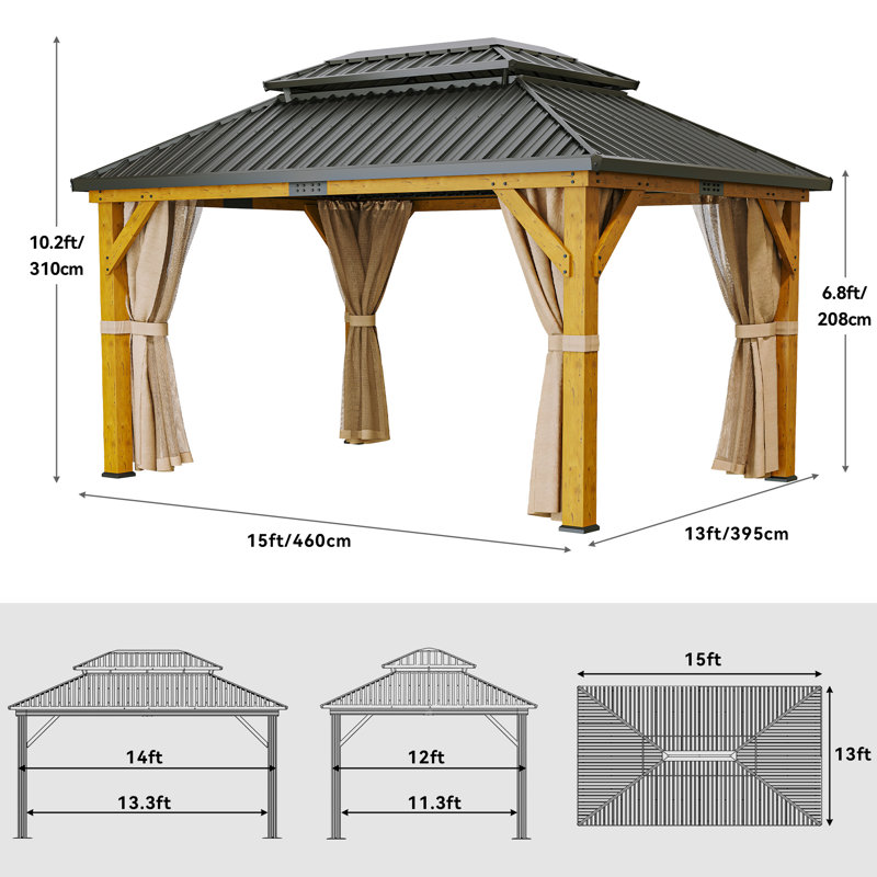 Solid Wood Patio Gazebo with Double Roof Hardtop and Curtains, 15ft W x 13ft D