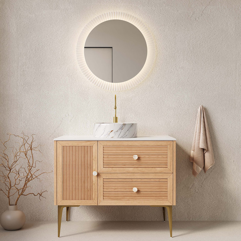 Meuble-lavabo de salle de bain avec lavabo, armoire de rangement autoportante, plusieurs tiroirs et porte, lavabo en céramique, pré-assemblé pour une installation facile