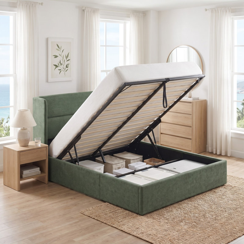 Lit plateforme tapissier avec rangement Gaillarde, Double, Vert forêt