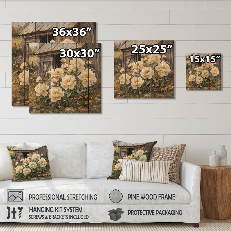 Pivoines par le vieux poulailler I - décoration murale en bois de pivoines - sur bois de pin naturel