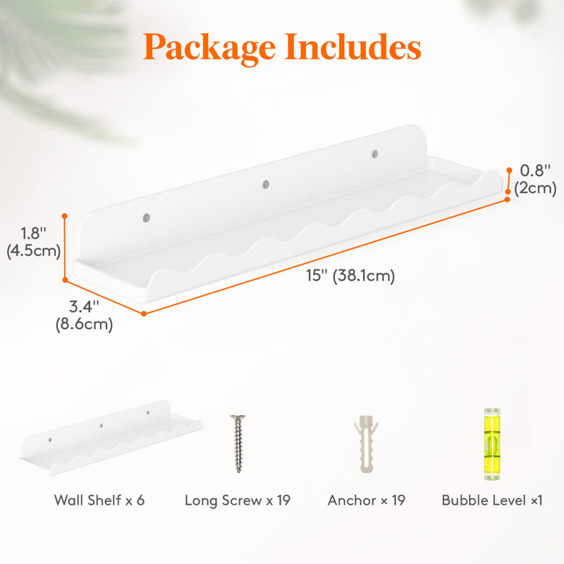 Ensemble de 6 étagères en plastique de 15 po pour tablettes murales et suspendues en plastique, Blanc