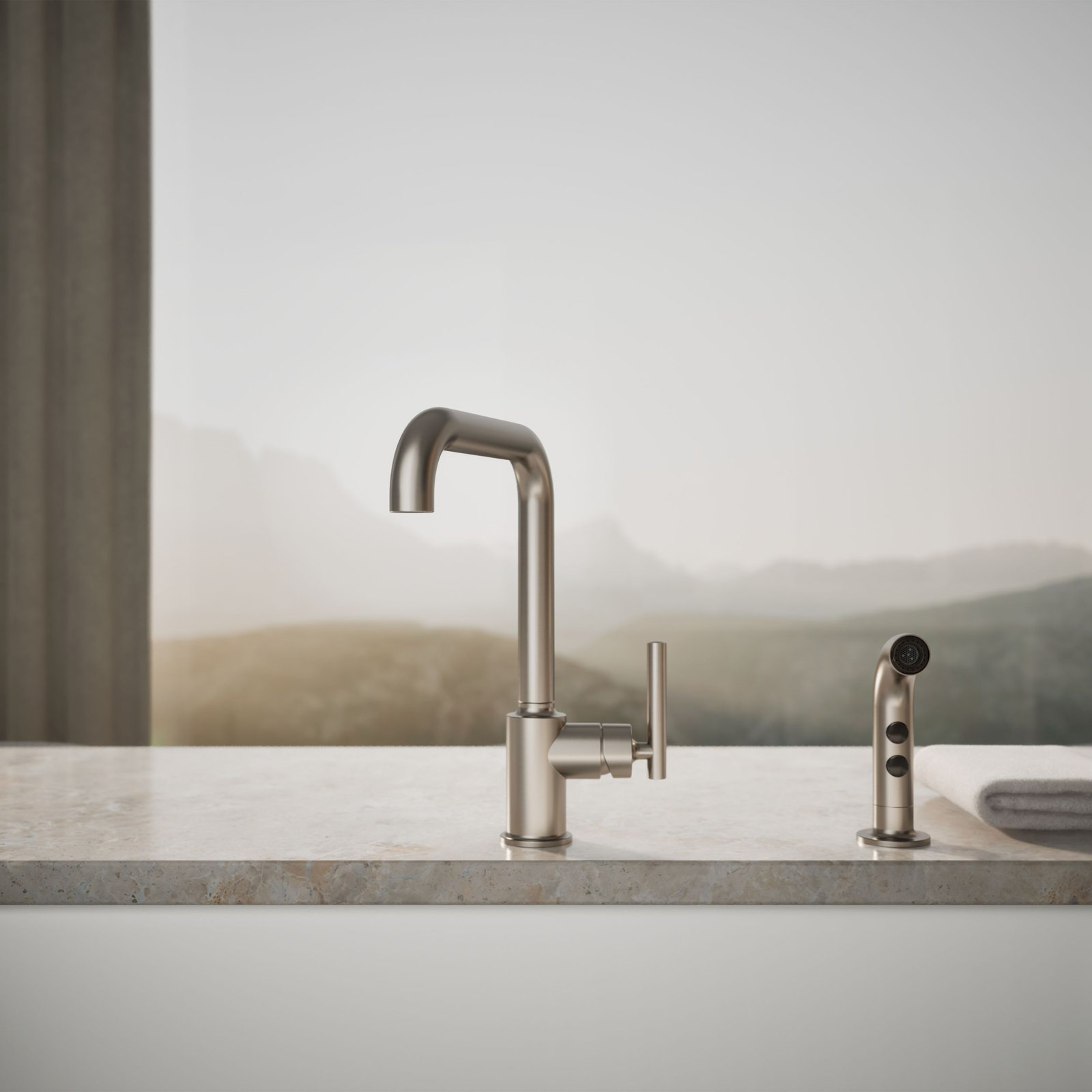 Purist Two-Hole Kitchen Sink Faucet with 8" Spout and Matching Finish Sidespray, Vibrant Stainless