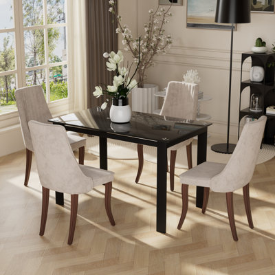 Modern Rectangle Tempered Glass Dining Set with Uphplstery Dining Chair Set for Dining Room