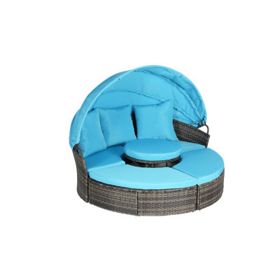 Outdoor Patio Round Daybed With Retractable Canopy, Soft Cushions And Storable Table For Leisure In Porch Backyard