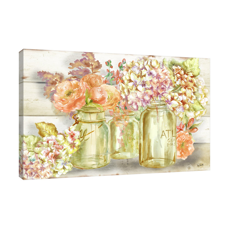 «Colorful Flowers In Mason Jar» par Tre Sorellw Studios - reproduction sur toile, H 28 po x l 42 po