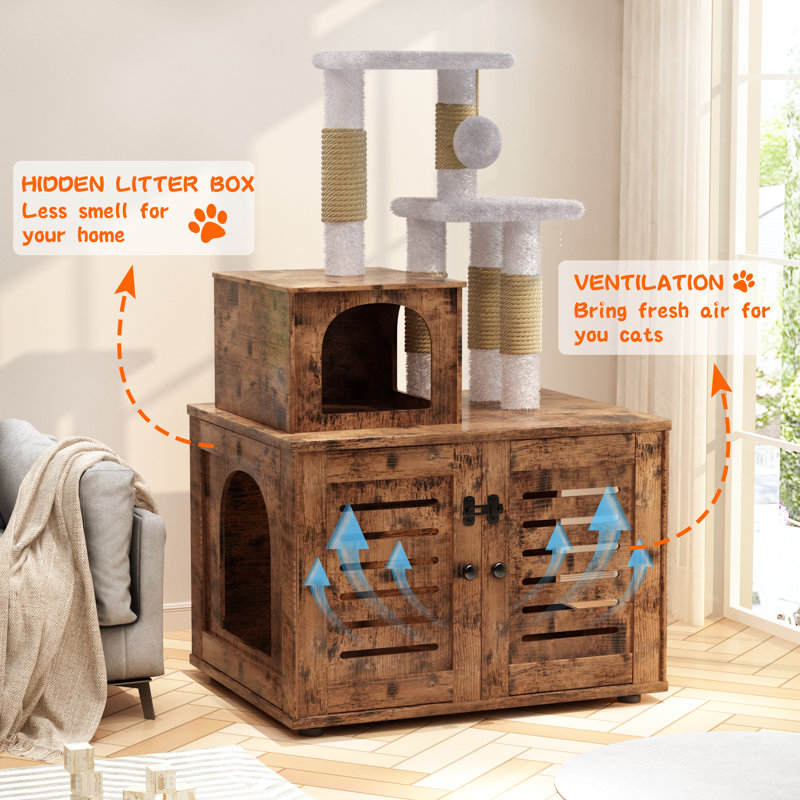 Cat Tree Tower, Wooden Cat Tree Tower With Storage Space, Indoor Hidden Cat Litter Box Furniture, Litter Box Toilet, Suitable For Bedroom, Living Room