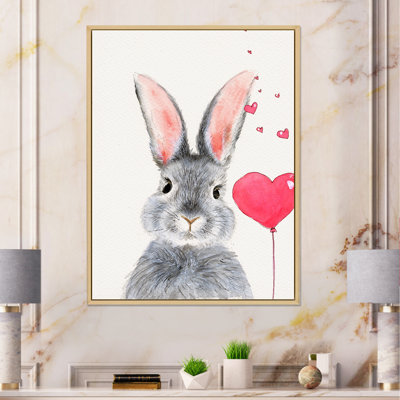 Adorable lapin gris moelleux avec cœur rouge - reproduction sur toile