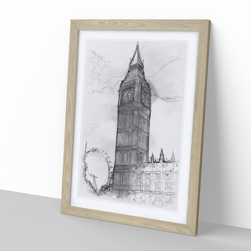 Big Ben and the London Eye Vol.1 - Picture Frame Drawing, Oak, 36cm H x 27cm W x 2cm D