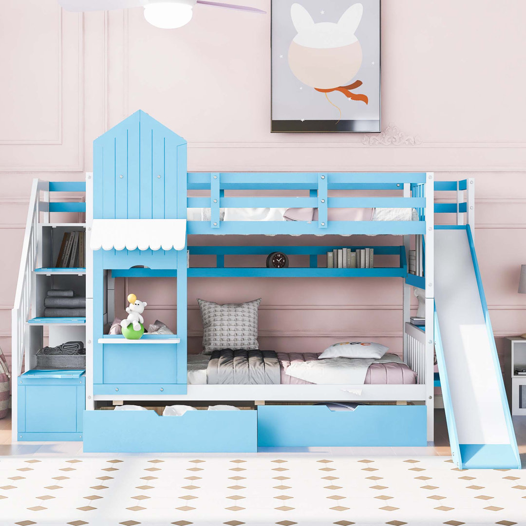 Hannu 2 Drawers Bunk Bed with Storage Stairs, Slide and Bookcase Harriet Bee 