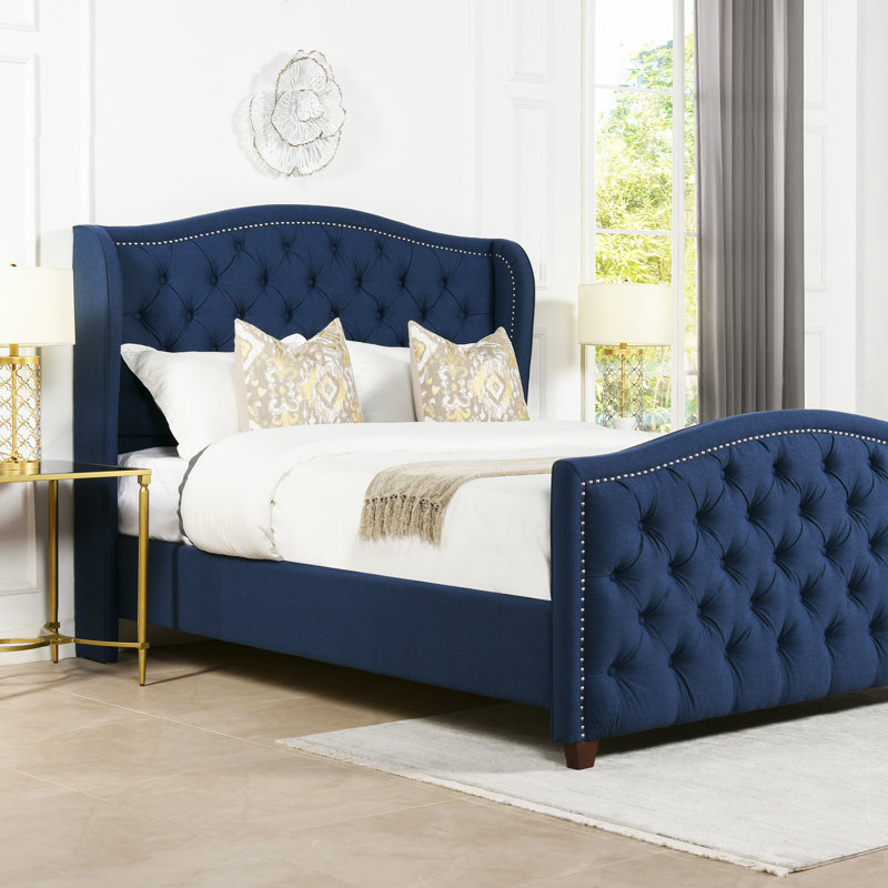 Coleman Upholstered Wingback Bed, Queen, Dark Sapphire Blue Velvet