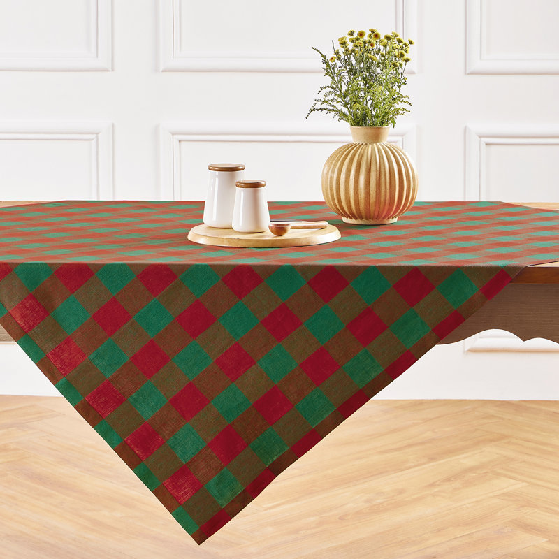 Fete - 100% Pure Linen Table Throw, Red/Green, Checkered