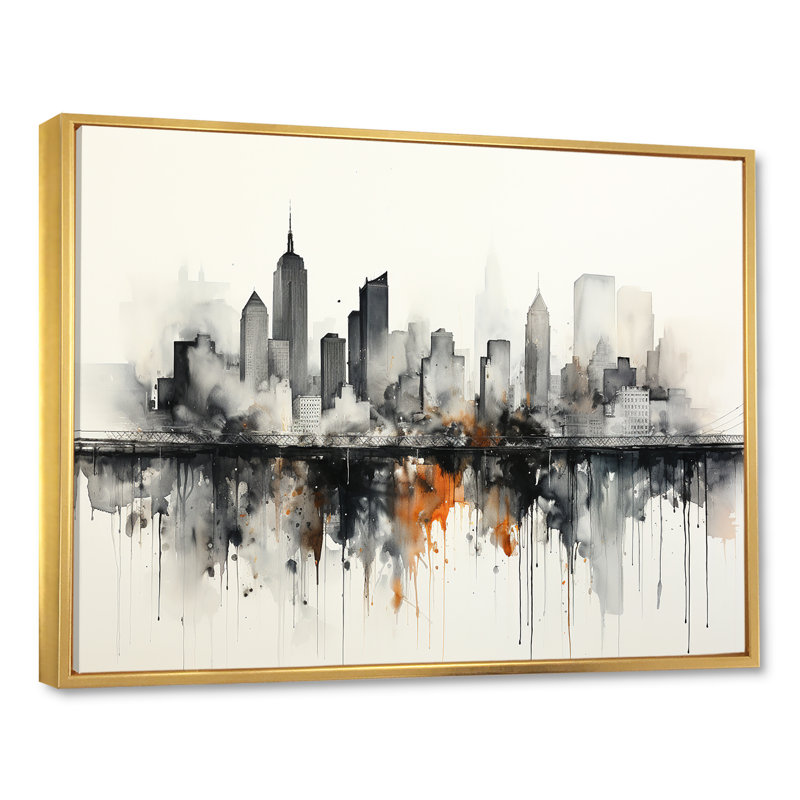Onyx Outline Sckycraper Building I sur toile, Cadre flottant doré, H 34 po x l 44 po x P 1,5 po