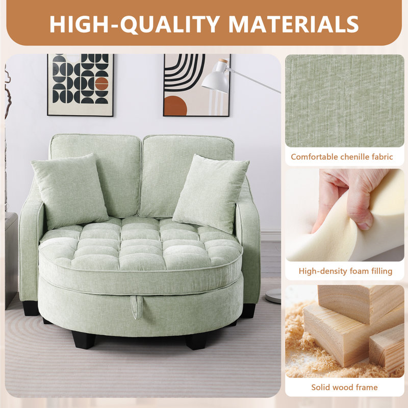 42-Inch Two-Seater Sofa With Recliner And Storage Ottoman, Suitable For Living Rooms And Bedrooms, Cyan