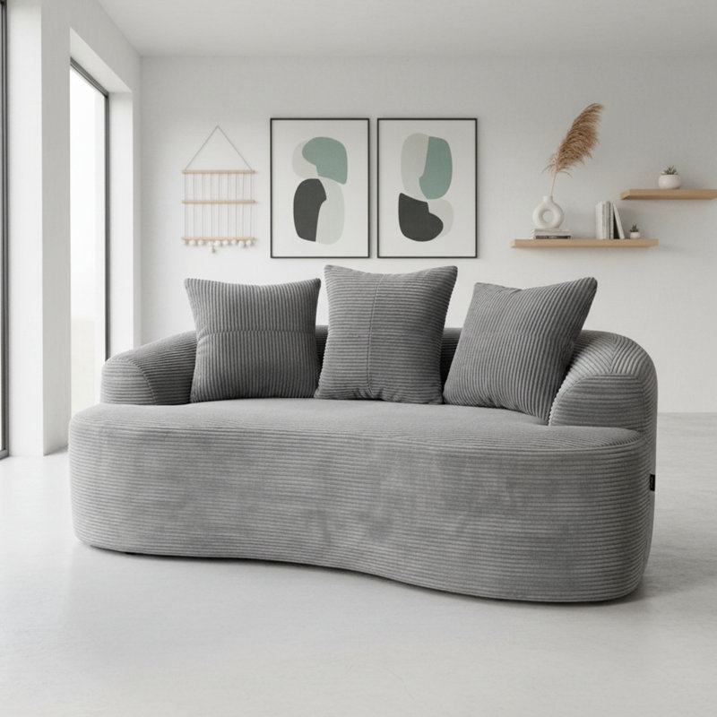 Corduroy 64,83 po incurvé, couleur grise, coussins à ressorts ensachés, 3 coussins décoratifs, petit canapé, aucun assemblage requis avec le velours côtelé, convient aux espaces