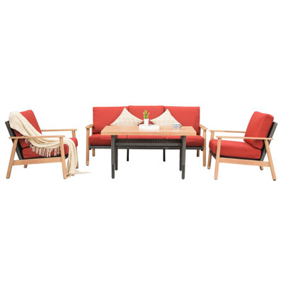 Ensemble de mobilier de jardin rouge 4 pièces - Aluminium résistant aux intempéries, rembourré avec coussins et 2 oreillers, pour terrasse, jardin ou véranda.