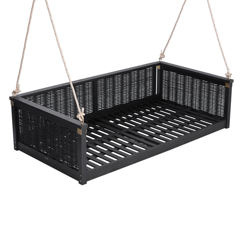 Balancelle d'extérieur en bois d'acacia et en rotin avec corde de chanvre Evrik, Noir