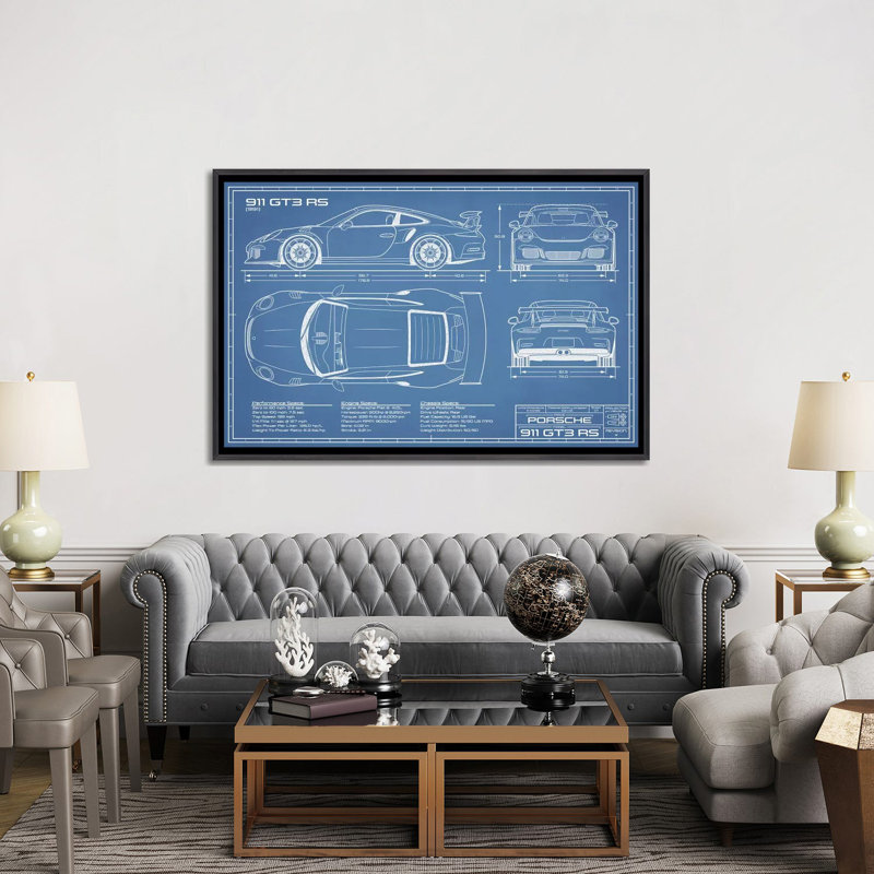 Blueprint de Tesla (2020-2022)-impression de dessin, H 40 po x l 60 po x P 1,5 po, Toile avec cadre noir patiné, Pas de tapis