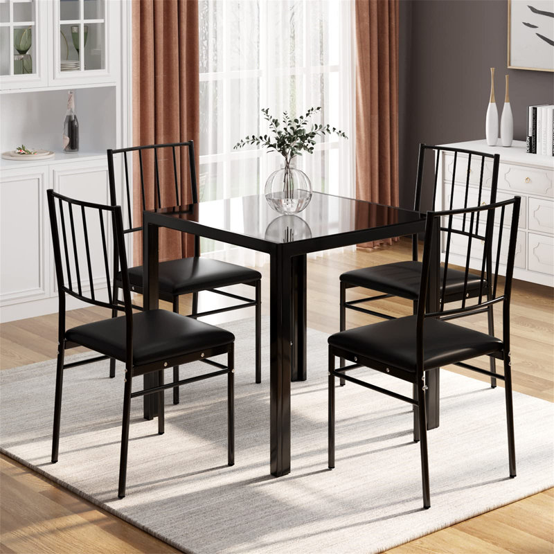 Dorrien Glass Top Metal Base Dining Table, Black