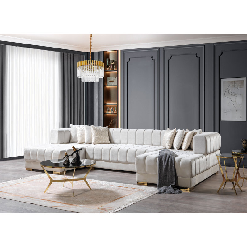 Ariana Velvet Double Chaise Sectional, Ivory Velvet