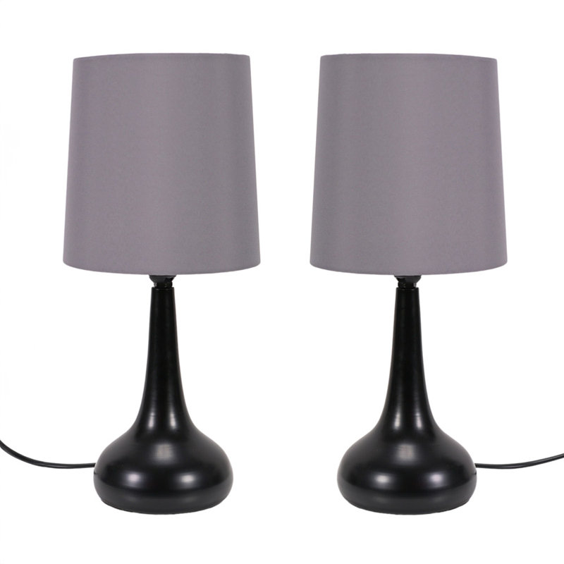 Riorita Pair of Chrome Touch Table Lamps with Fabric Shade and LED Bulbs, Grey, Yes, Matt Black