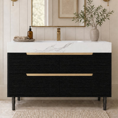 Meuble-lavabo moderne 35,4 po avec lavabo et plateau en pierre frittée, bois multi-couches imperméable, rangement de tiroirs, autoportant et mural
