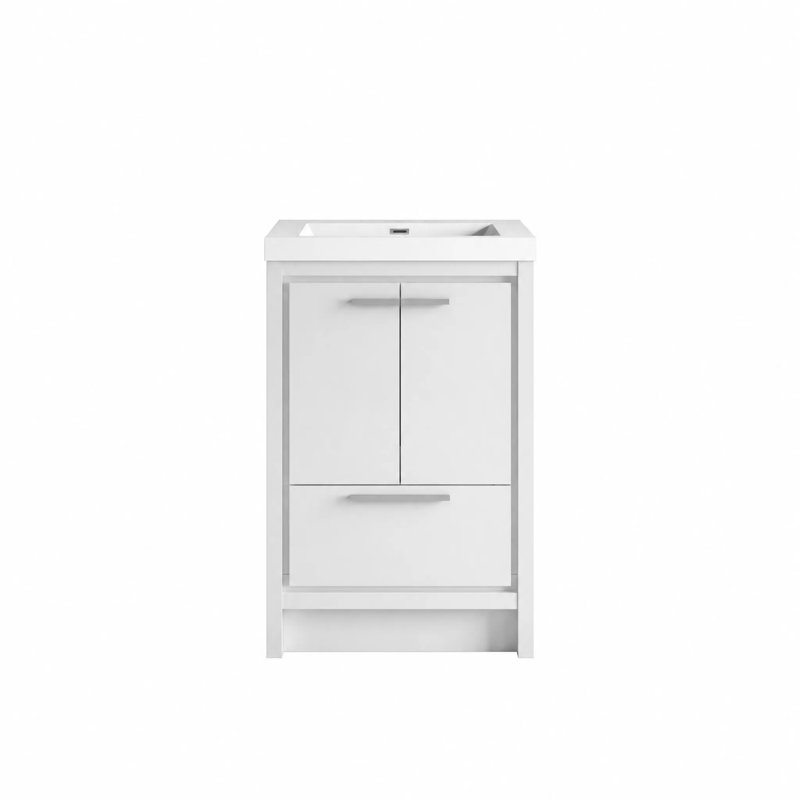  Meuble-lavabo simple de 24 po avec comptoir en résine blanc brillant, HG.White Design moderne pour petite salle de bain, 24"