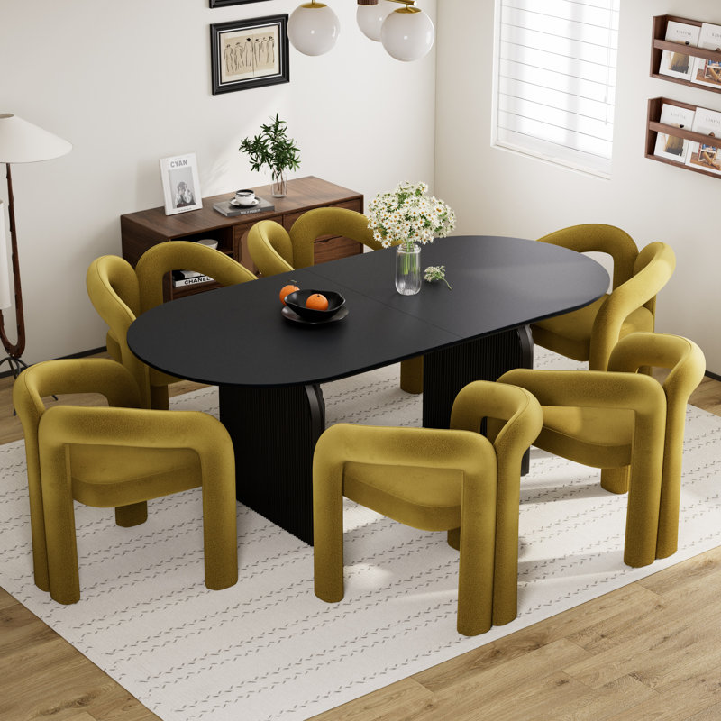 Ensemble de table de salle à manger 70 po avec chaises Velevt, Noir, 7 pièces: table, 6 chaises, Vert olive