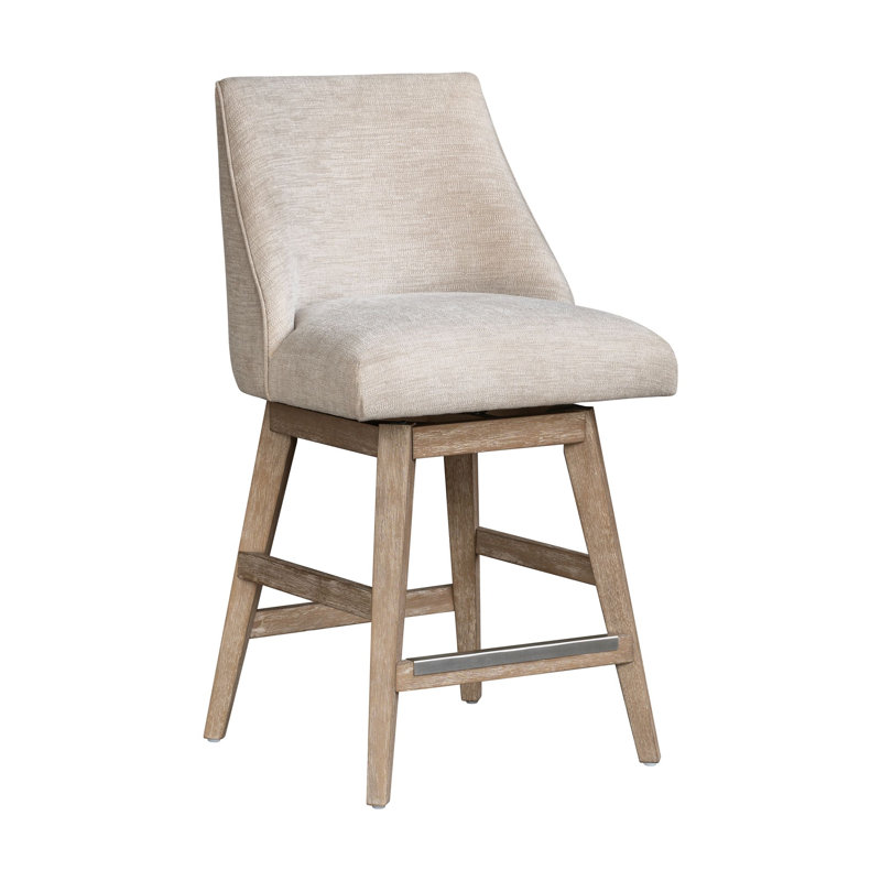 Martha Stewart Winfield Cream Upholstered Swivel Counter Stool with Solid Wood Frame