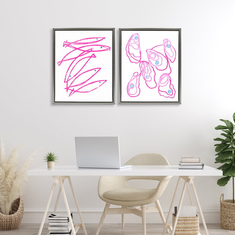 Minimal Pink Fish & Oysters 2pc Floating Frame Set, design by Lil' Rue, 21" H x 17" W, Luster Gray Floater Frame