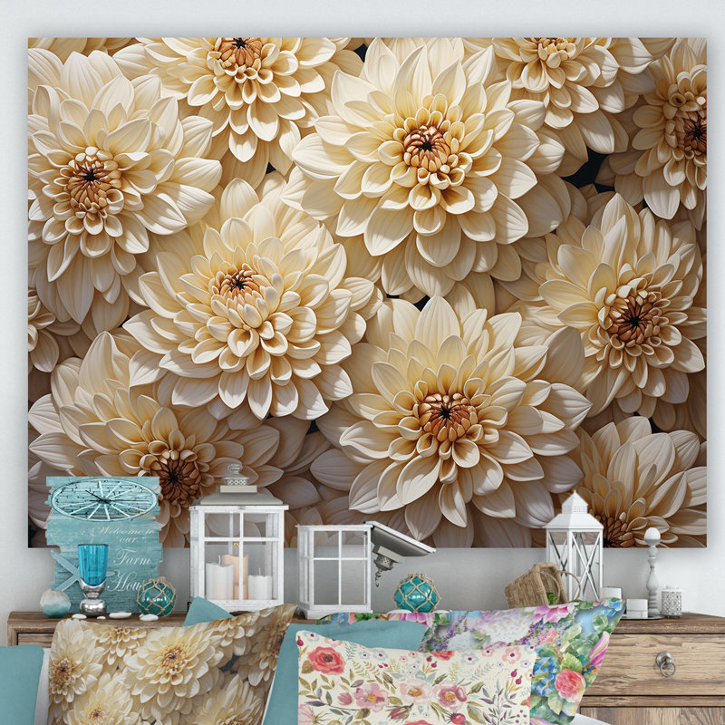 «White Minimalisme Chrysanthemums», mosaïque sur toile, Toile tendue, H 24 po x l 32 po x P 1 po